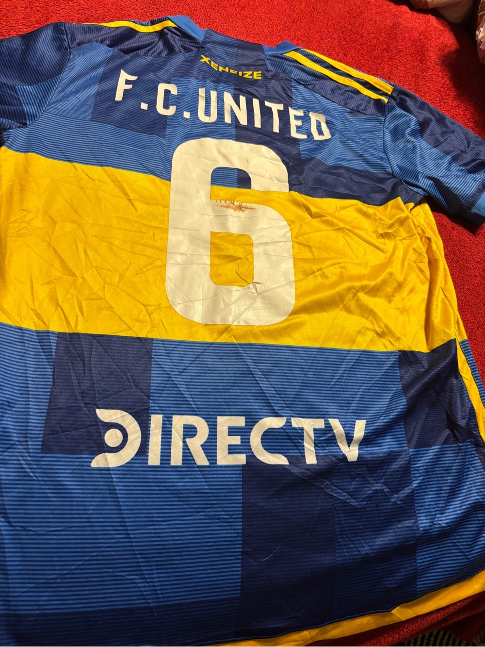 Adidas F.C. United #6 Blue and Yellow Soccer Jersey by Direct Tv size Small